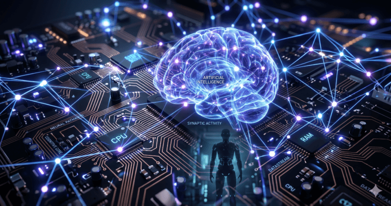 Neural network visualization on circuit board representing autonomous AI systems
