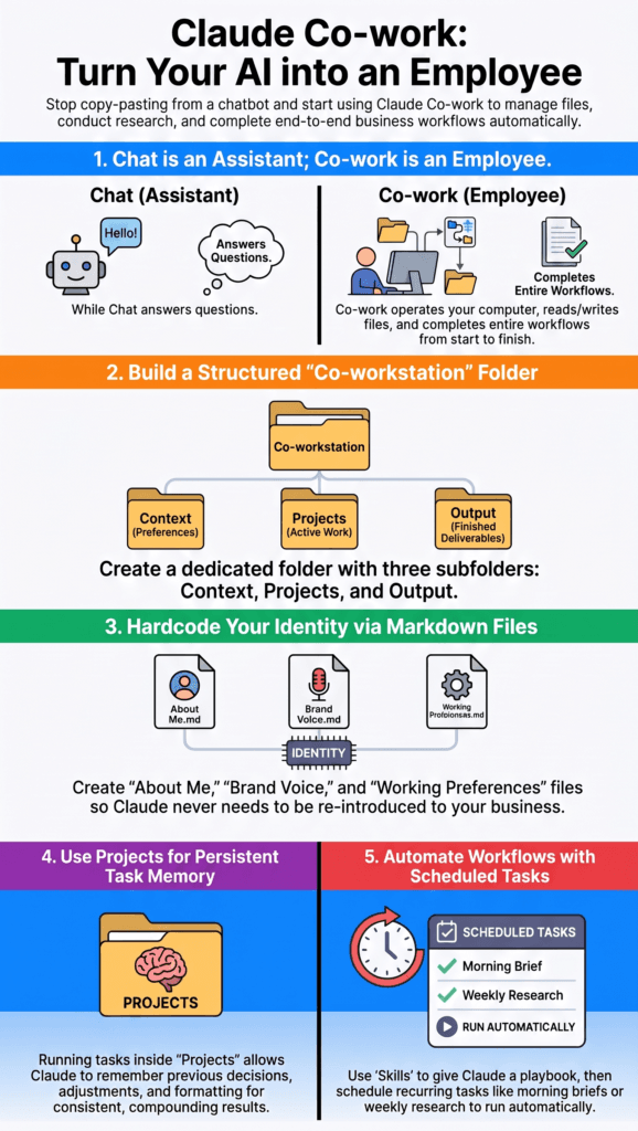 Infographic: Claude Co-work turns your AI into an employee — comparing chat versus co-work, the Co-workstation folder structure, identity files, project memory, and scheduled automation.