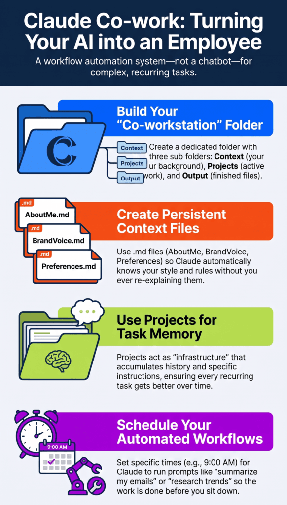Infographic: Building a Claude Co-workstation — folder structure, persistent context files, project-based task memory, and scheduled automated workflows.