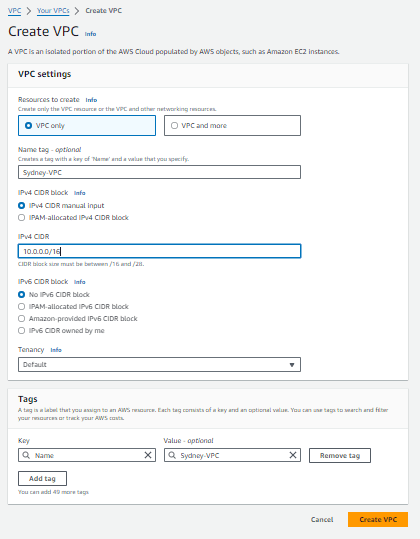 VPC creation form in the Sydney region with the name and IPv4 CIDR block entered.