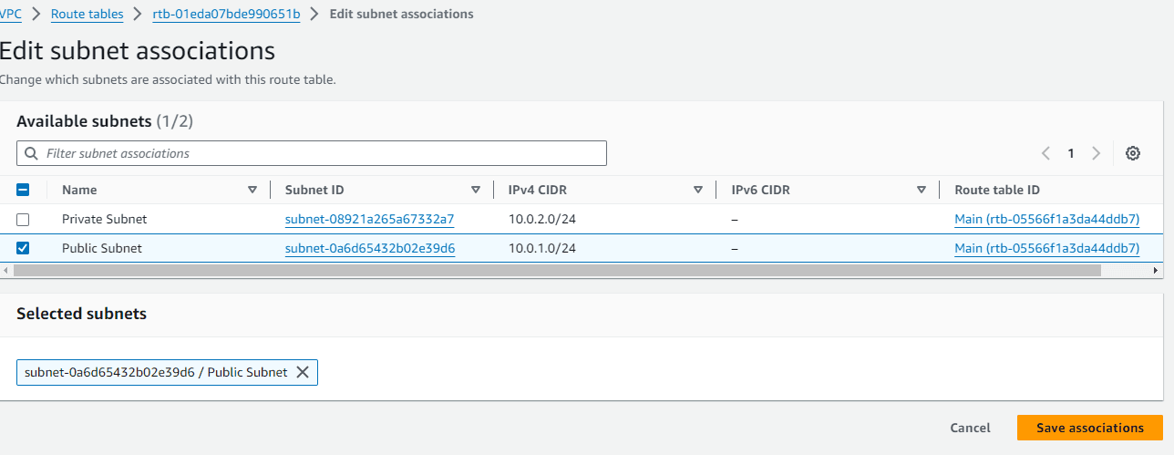 Associating the public subnet with the public route table.