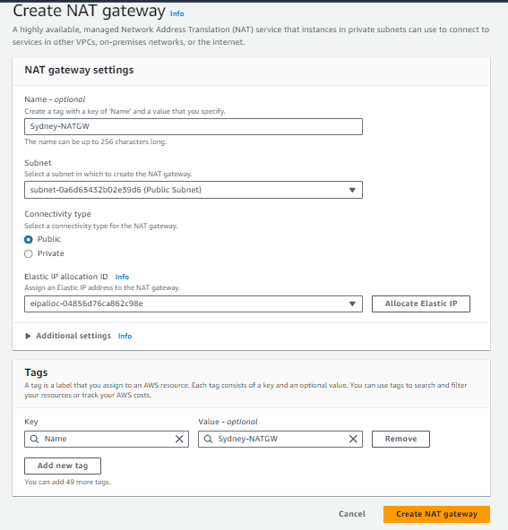 Creating a NAT gateway in the public subnet with an allocated Elastic IP address.