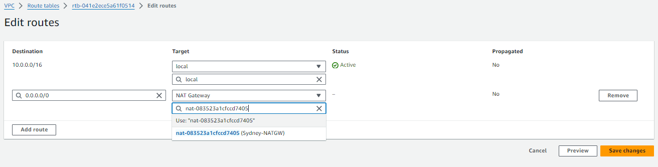 Adding a route through the NAT gateway in the private route table.
