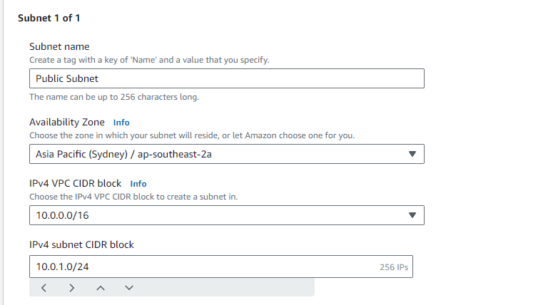 Creating the public subnet in the Sydney VPC with its Availability Zone and CIDR range.