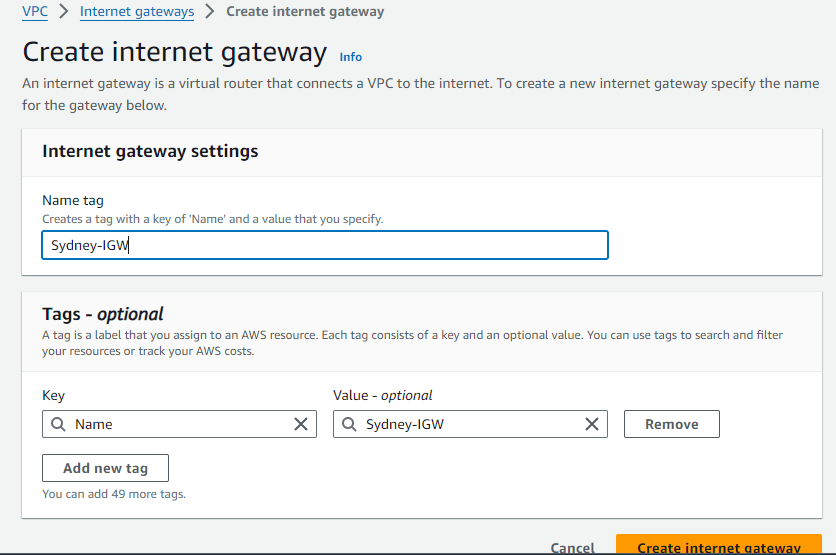 Internet gateways dashboard in the AWS VPC console.