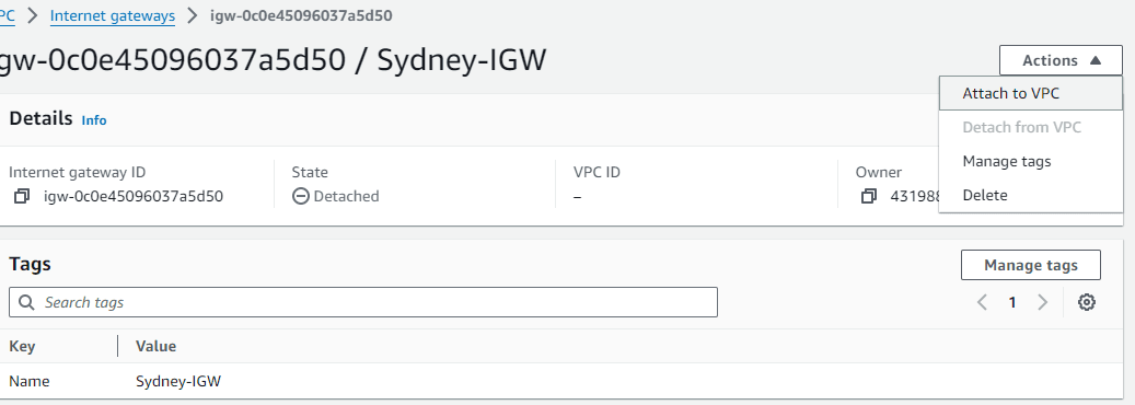 Attaching the newly created internet gateway to the Sydney VPC.