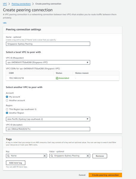 Creating the VPC peering connection from the Singapore region with the Sydney VPC as the accepter.