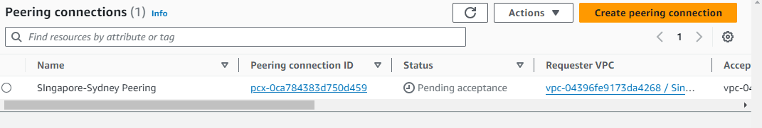 VPC peering connection showing Pending Acceptance status.