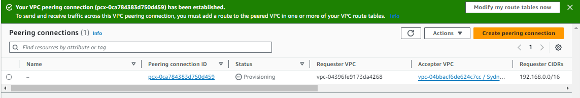 Accepting the pending VPC peering request from the Sydney region.